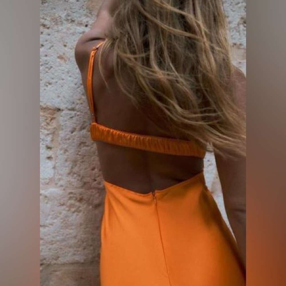 Zara dress maxi midi hot orange satin effect wedding party cocktail - Picture 8 of 16